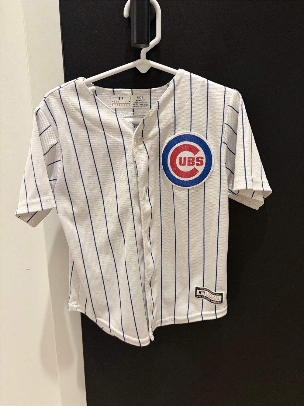 Genuine Merchandise White MLB Cubs Pinstripe Kids Jersey with Blue and Red Patch